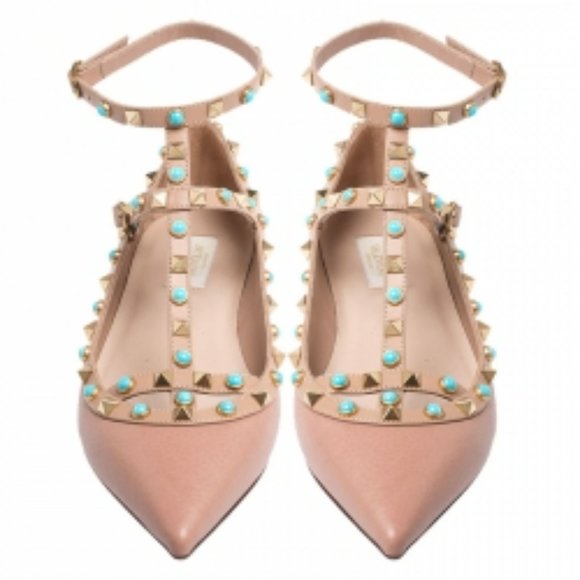 Valentino Beige Leather T Strap Rockstud Ballet Flats Size 40 - Picture 3 of 8